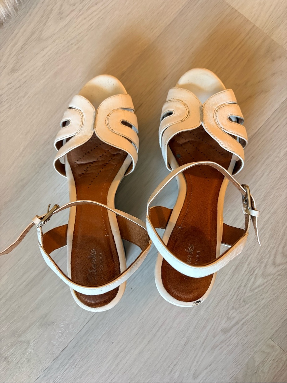 Women's White Wedge Clarks Artisan Sandals - Strappy Ankle Strap - Picture 8 of 12